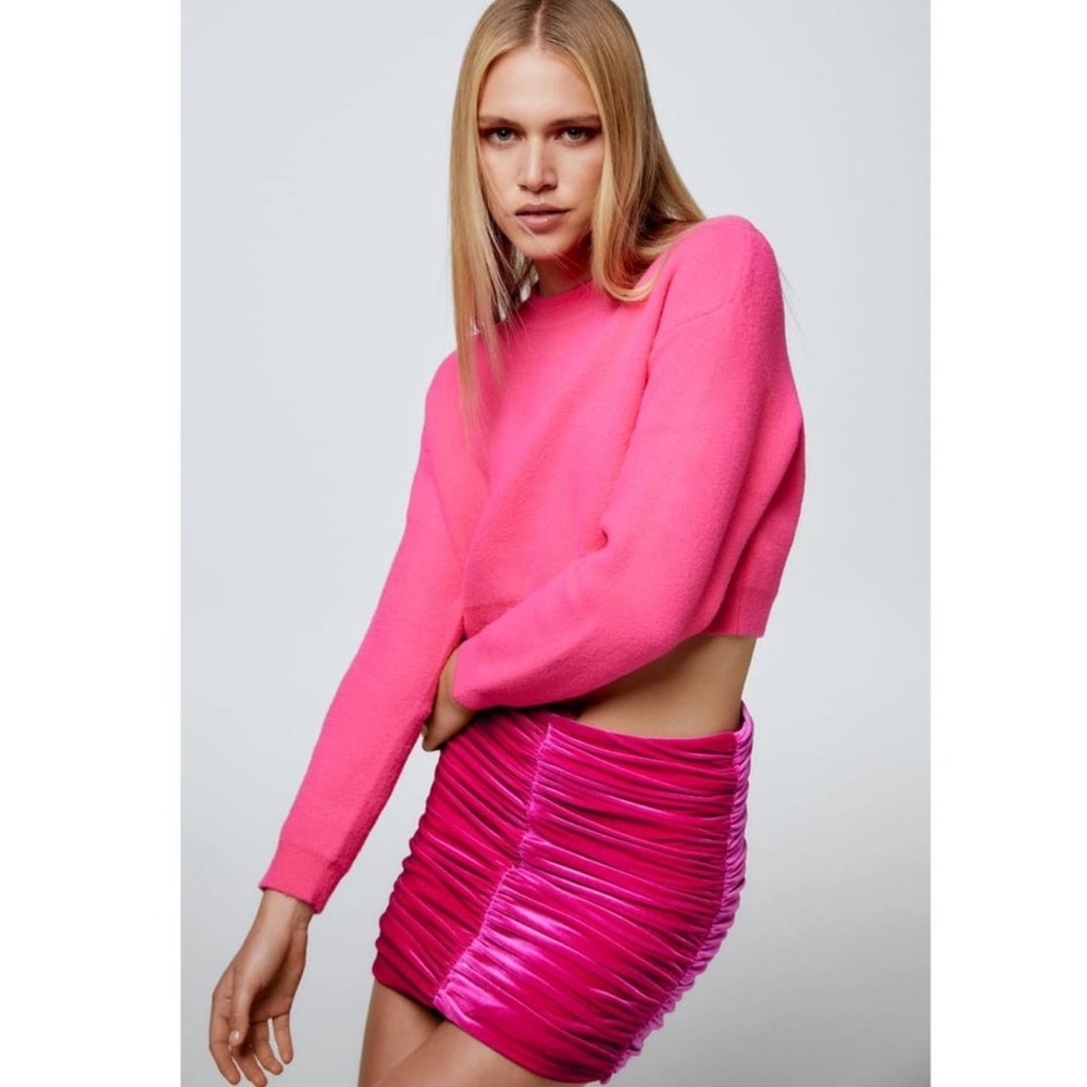 ZARA Hot Pink Velvet Draped Ruched Mini Skirt Fuchsia Stretch Velour